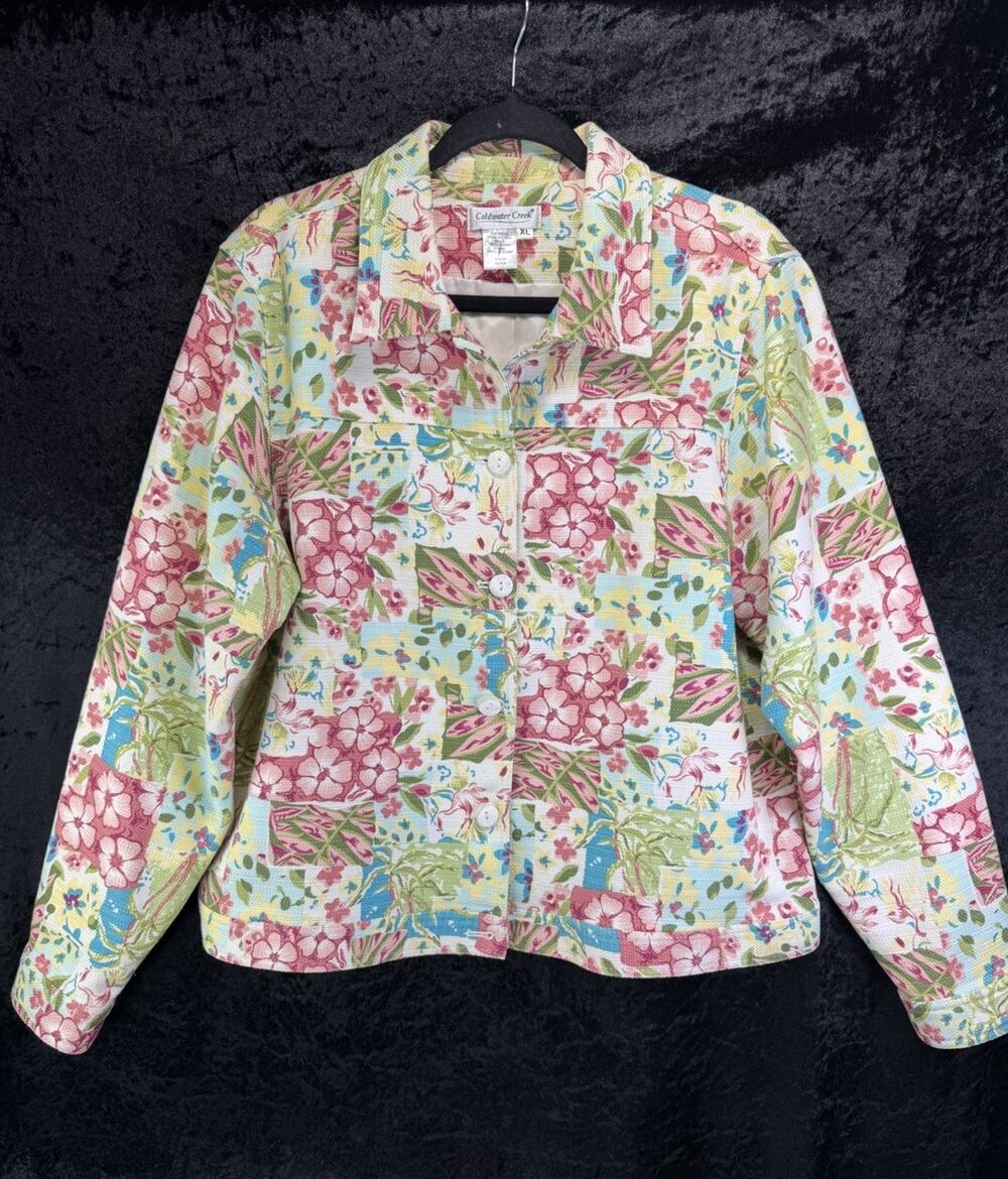 Coldwater Creek Floral Button Up Jacket Blazer Sz XL 100% Cotton Lined NWOT
